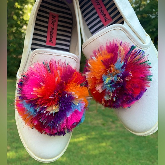 Betsey Johnson Shoes - Betsey Johnson Feather Pom-Pom Leather Sneakers
